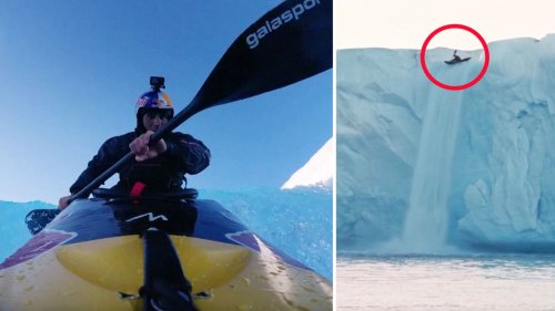 20 Meter in die Tiefe: Kajak-Profi wagt Rekordsprung von Gletscher-Wasserfall