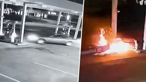 Burnout auf Tankstelle: Stunt geht schief – und die Zapfsäule geht in Flammen auf