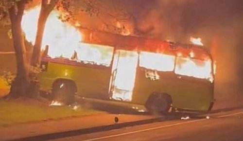 House bus starts up, travels across road without driver while on fire