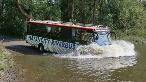 Spektakuläres Bild: Bei dieser besonderen Stadtrundfahrt versinkt der Bus in der Elbe