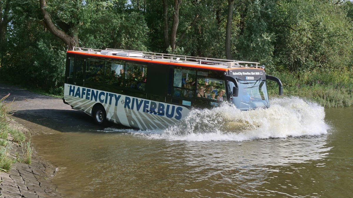 Spektakuläres Bild: Bei dieser besonderen Stadtrundfahrt versinkt der Bus in der Elbe