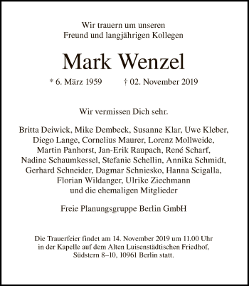 Traueranzeigen von Mark Wenzel | Tagesspiegel Trauer