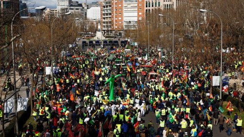 Traktoren und brennende Strohpuppen: Tausende Landwirte blockieren Prachtstraße in Madrid