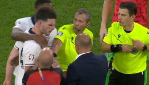 Slovakia boss explains Declan Rice push that saw raging midfielder dragged away