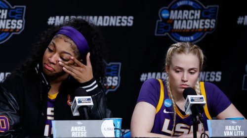 Sobbing Angel Reese consoled by Hailey Van Lith after crushing Caitlin Clark defeat
