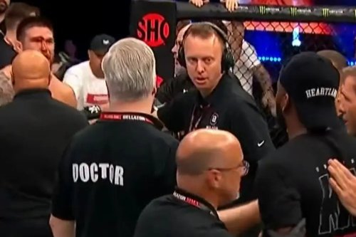 Security intervenes as Leon Edwards storms cage to confront fighter who knocked out his brother at Bellator 299