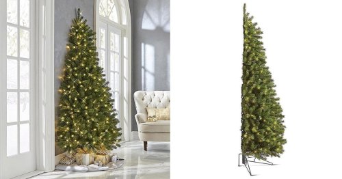 Half Christmas Trees Lay Flat Against a Wall and Make Decorating SO Much Simpler