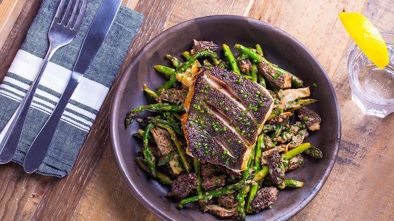 Pan-Seared Black Cod With Morels And Asparagus