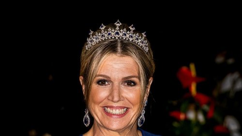 Beautiful in blue! Queen Máxima of the Netherlands sparkles in sapphires as she attends a State Banquet in Kenya