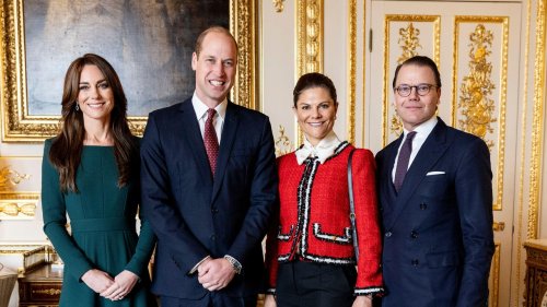 The Prince and Princess of Wales welcome a cheerful Crown Princess Victoria to Windsor Palace, ahead of royal night out on the town