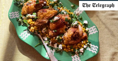 Crispy chicken thighs with chicken schmaltz, creamed corn and herbed feta recipe