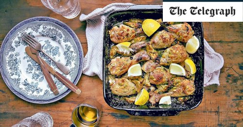 Crispy almond-coated chicken with artichokes and lemon