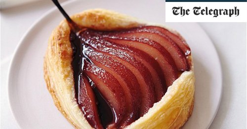 Puff pastry red-wine-poached pear tartlets