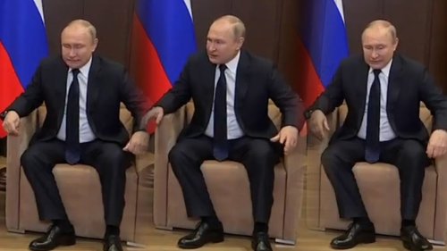 Moment grimacing ‘cancer-riddled’ Putin sits hunched and twitches in meeting
