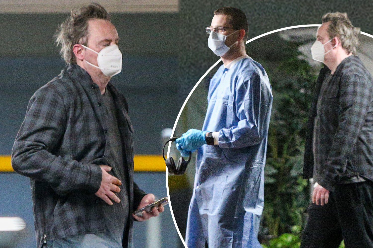 GET WELL SOON Matthew Perry is seen clutching his stomach after spending two hours at an LA medical facility