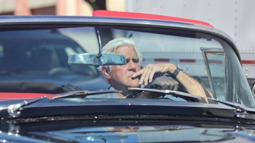 DISTRESSED & DRIVIN' Jay Leno looks strained as he drives vintage car around LA after becoming wife Mavis’ conservator