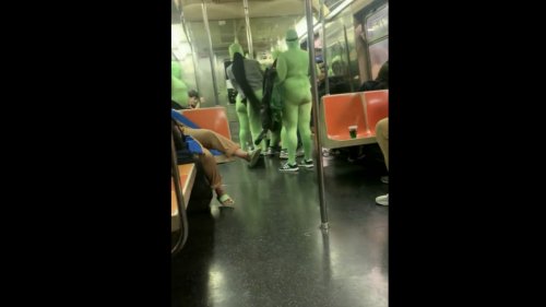 Gang of Women in Neon Green Bodysuits Attack Teens on Subway
