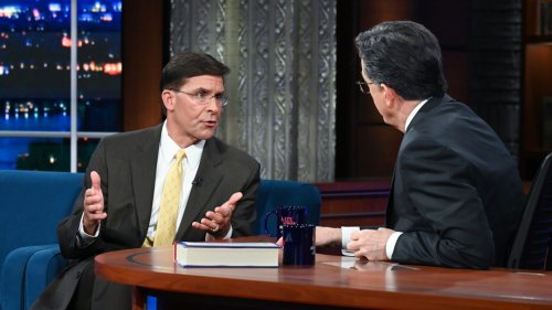 Colbert Grills Mark Esper for Cashing In on Trump Secrets