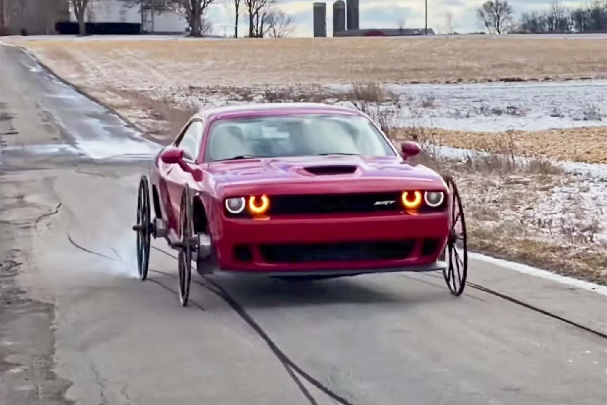 Watch This YouTuber Do Burnouts In His Buggy-Wheeled Dodge Challenger Hellcat