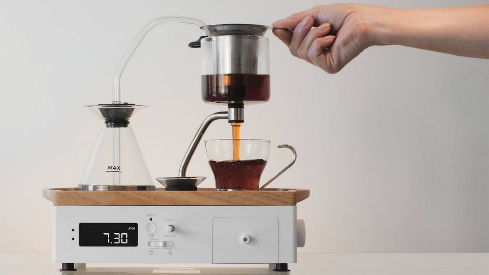 Joy Resolve Barisieur 2.0 immersion brewer alarm clock brews coffee and tea while wirelessly charging