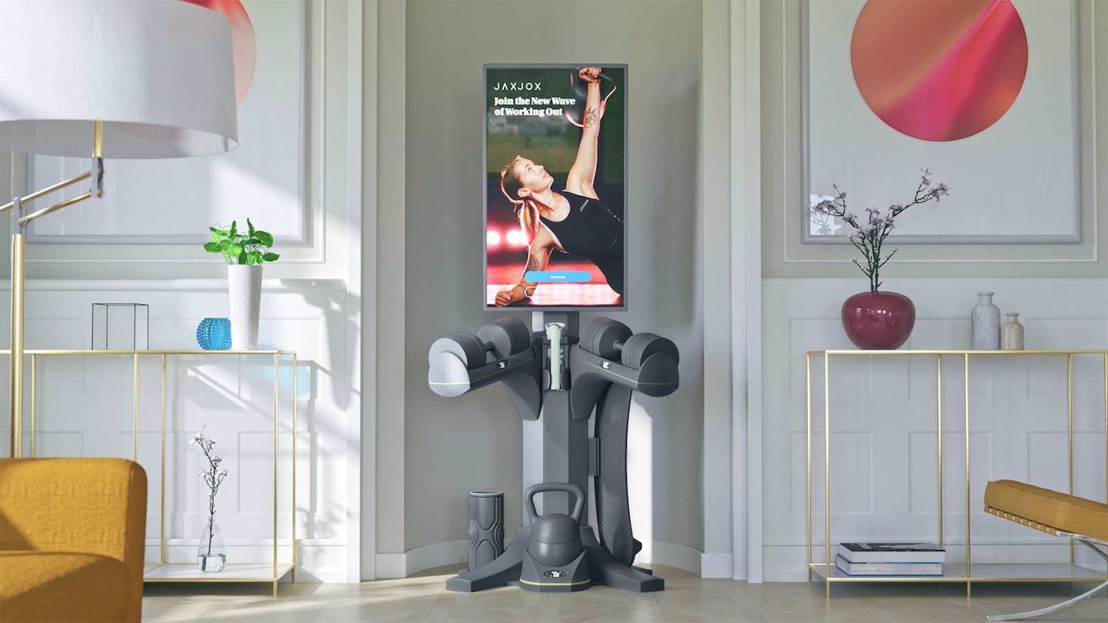 JAXJOX InteractiveStudio home fitness equipment organizes and stores all of your weights