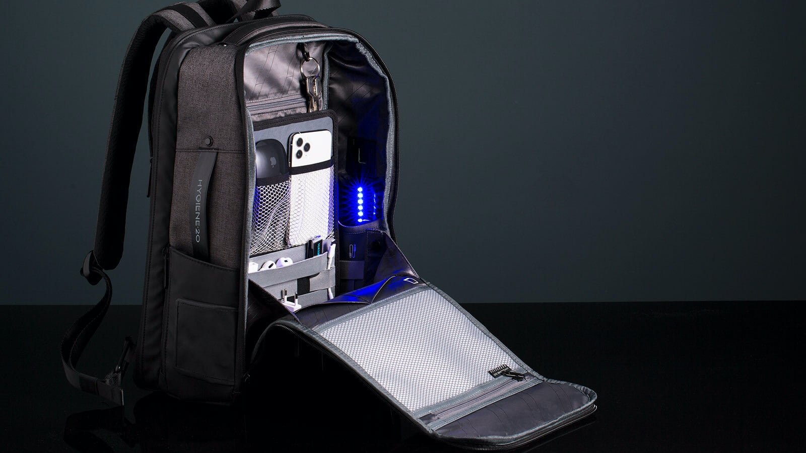 Hygiene20 Smart Sanitizing Backpack has a UV-C light, electronic sanitizer dispenser, and more