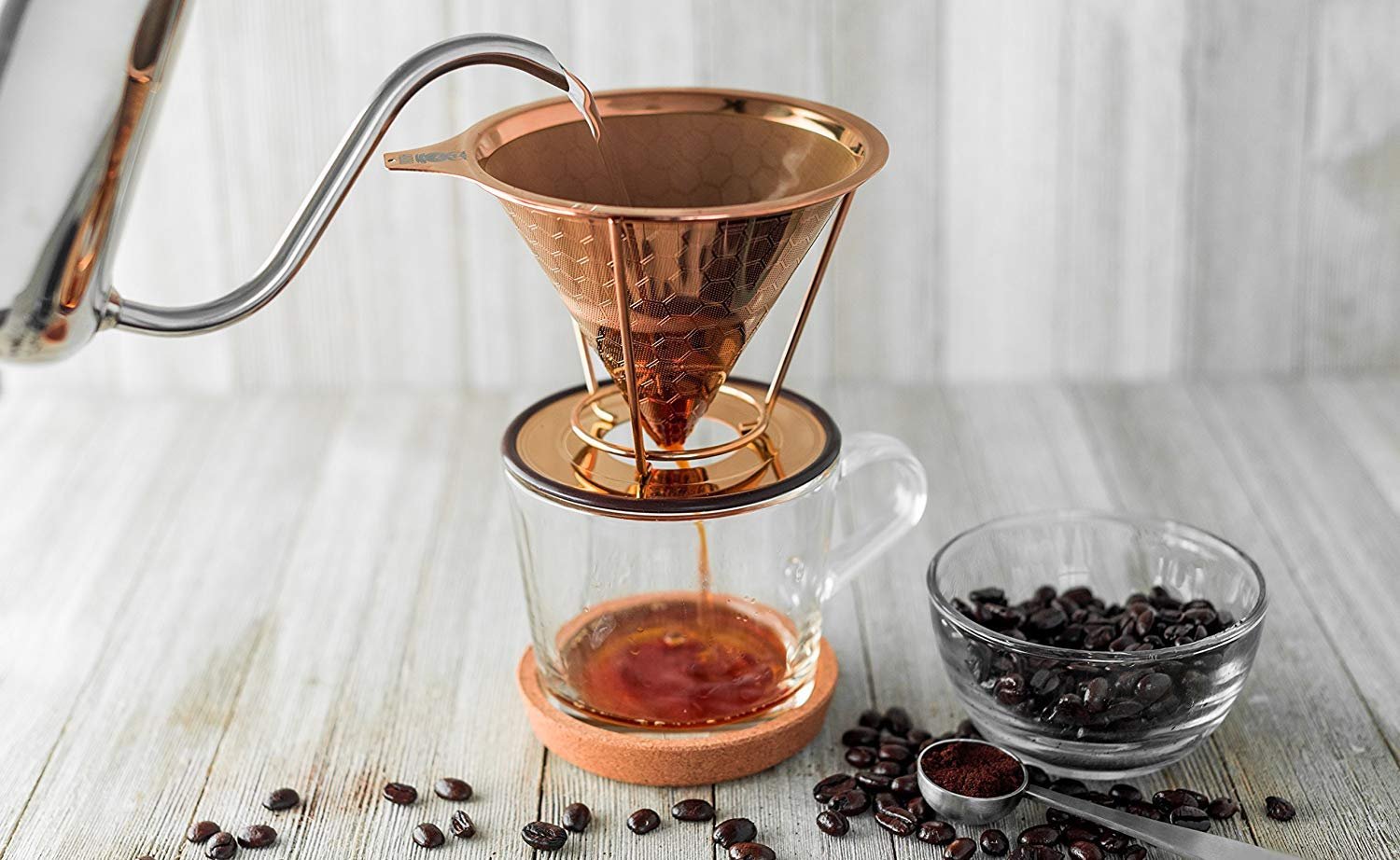 Hibou Pour Over Copper-Coated Coffee Dripper works independently or in a Chemex