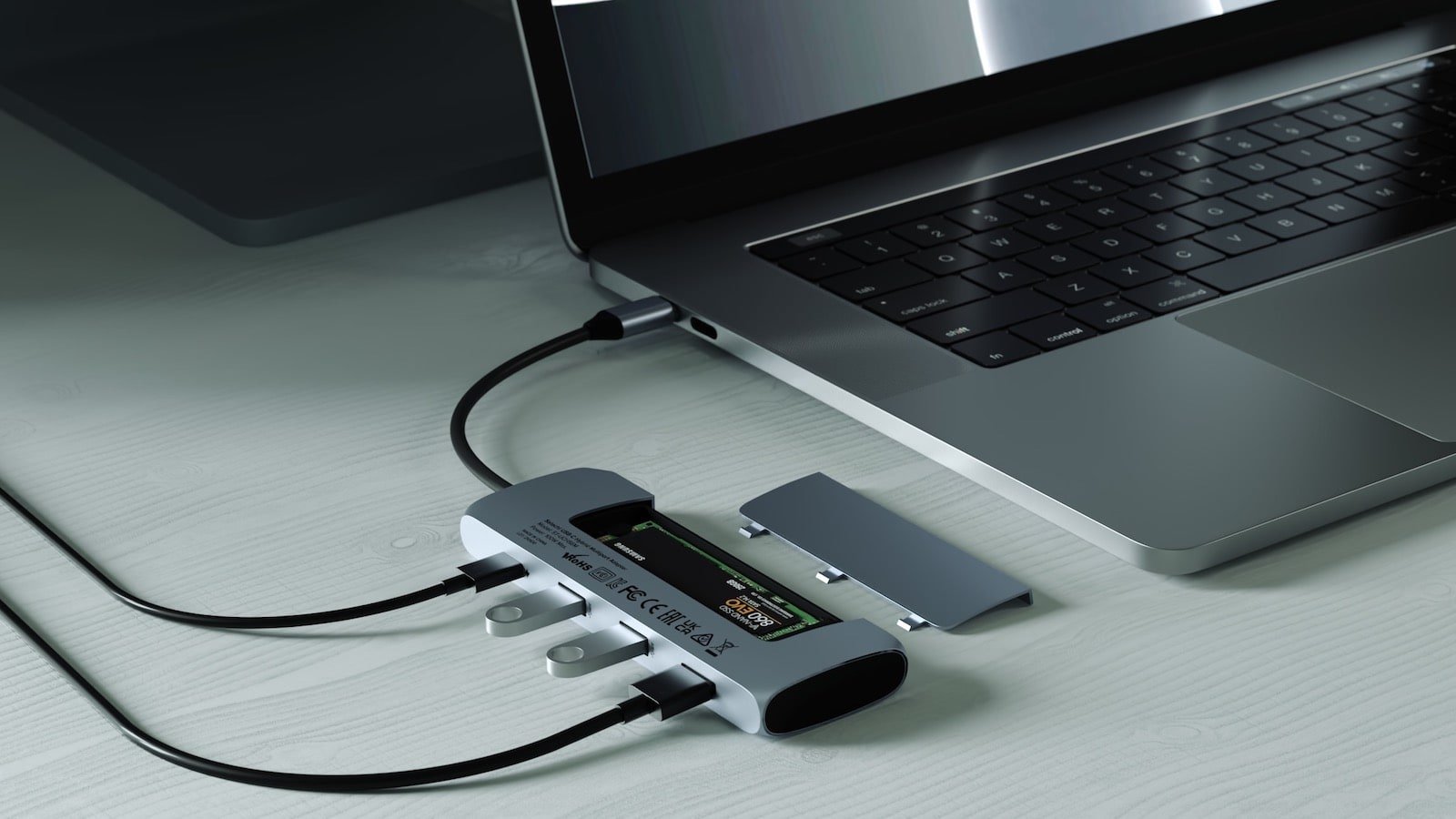 Satechi USB-C Hybrid Multiport Adapter features a built-in SSD storage compartment