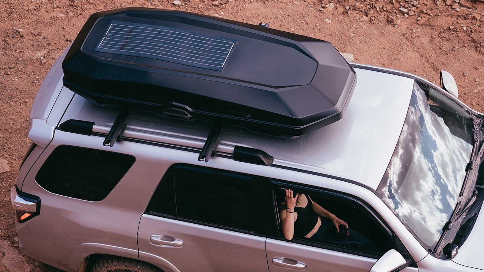 Yakima CBX Solar 16 Roof Box charges your electronics with its integrated solar panel