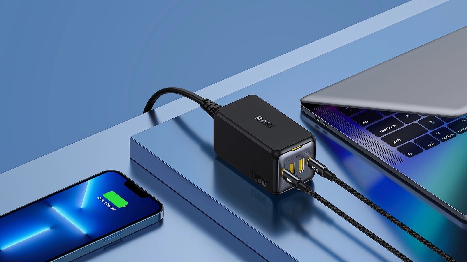 AOHI Magcube 120W Desktop Charger has dual USB-C ports to 100W fast-charge 2 laptops