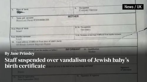 Staff suspended over vandalism of Jewish baby’s birth certificate
