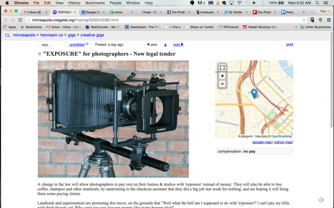 Craigslist Ad States That "Exposure" Can Be Currency for Photographers