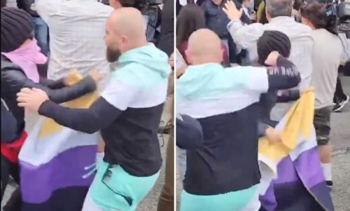 Man punches LGBTQ+ activist in head during violent brawl over school board’s Pride meeting