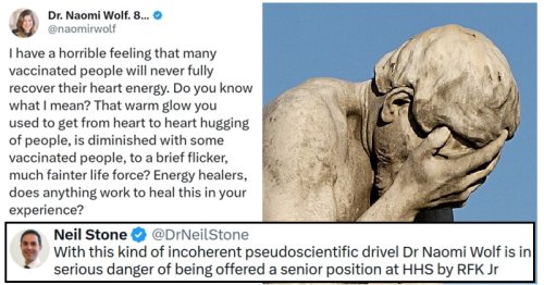 Naomi Wolf has been wanging on about the ‘heart energy’ of vaccinated people, and these 15 takedowns have their fingers on the pulse