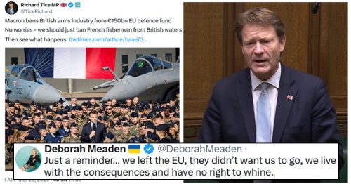 Brexiter Richard Tice has been wanging on about the UK being excluded from the EU Defence Fund, and irony has entered the chat