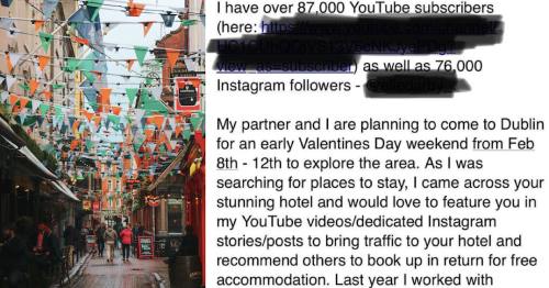 The takedown of this ‘influencer’ looking for a free hotel room is a 5-star treat