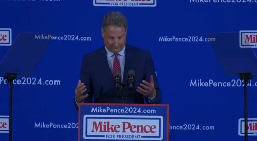 Todd Huston (R) during Pence's 2024 campaign launch: "Somebody said Mike Pence can be a lot like mayonnaise on toast."