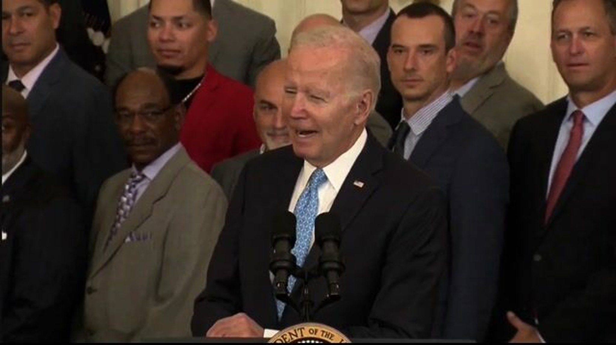 President Biden jokes about Phillies fans as the Atlanta Braves visit the White House.