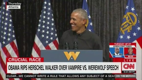 "When I was 7": Barack Obama mocks Herschel Walker's vampire-or-werewolf debate on the campaign trail in Georgia.