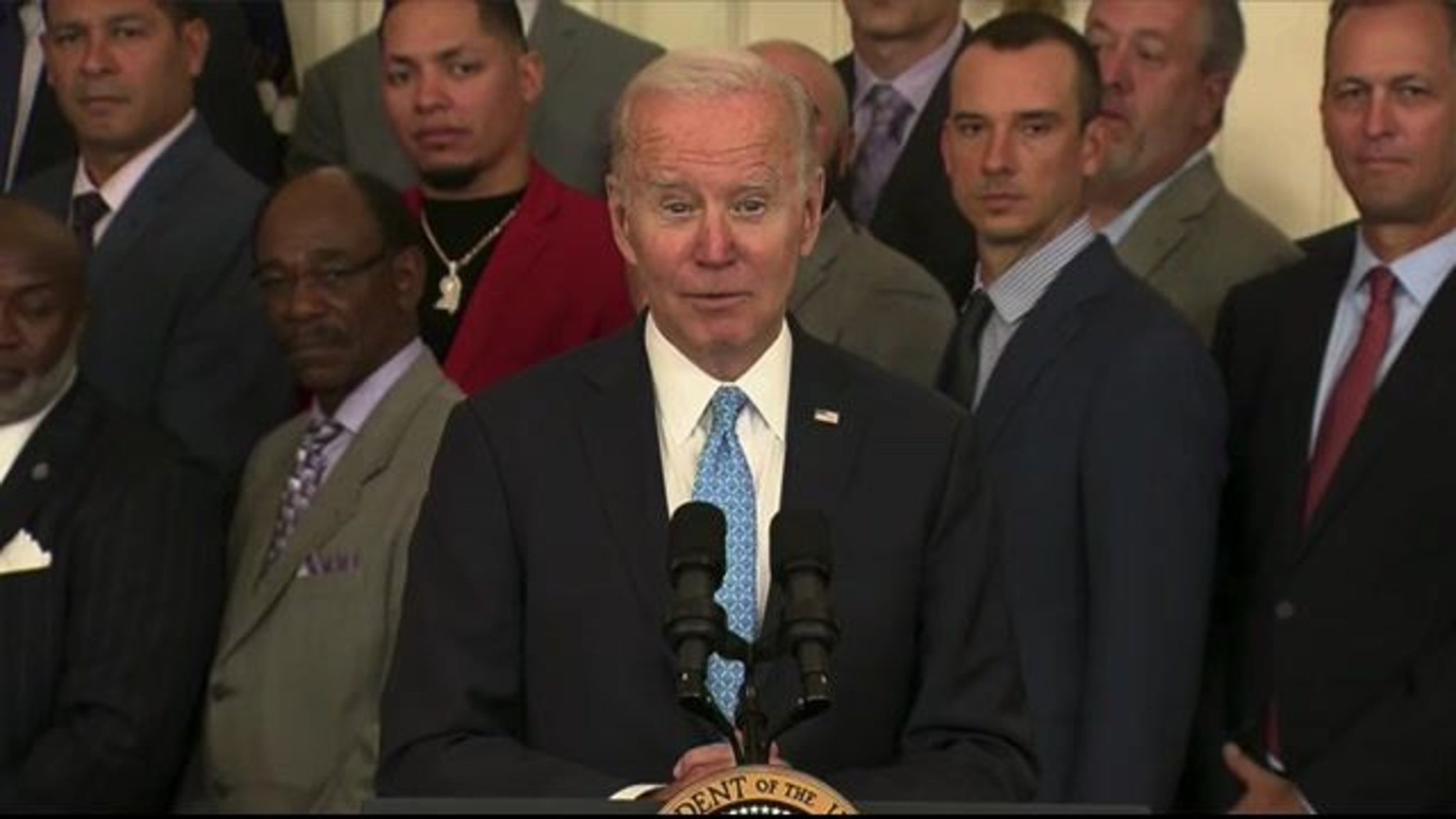 President Biden jokes as the Atlanta Braves visit the White House to celebrate their 2021 World Series title.
