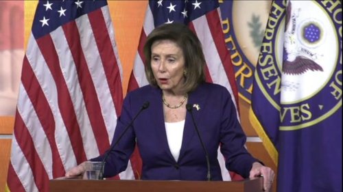 House Speaker Pelosi jokes with other reporters about Fox News' Chad Pergram.