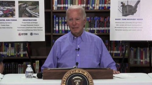 President Biden commends Senate Minority Leader Mitch McConnell during briefing on Kentucky flood response efforts.