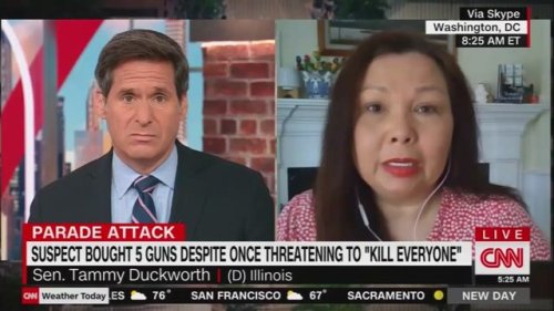 Sen. Tammy Duckworth (D-IL) reacts to the July 4th parade mass shooting in Highland Park.