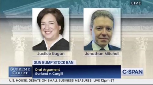SCOTUS Justice Elena Kagan questions attorney's argument that a bump stock can't be banned like machine guns.