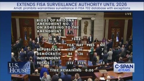 The House fails to pass an amendment which would have imposed restrictions on the FISA program.