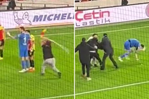 Watch horrific moment as fan smacks goalkeeper with CORNER FLAG in Turkey