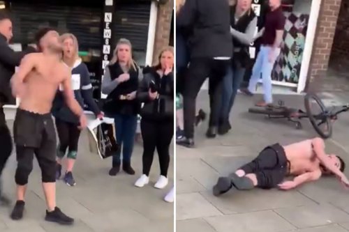 Topless man knocked out by sucker punch in front of screaming women