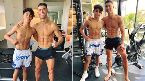 Ronaldo's son shows off abs... but fans can't stop staring at his dad's feet