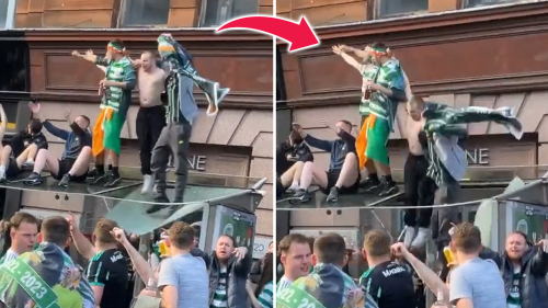 Shocking moment two dancing Celtic fans plunge through bus stop roof