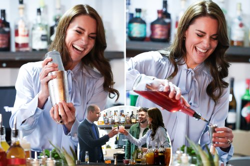 Kate is all smiles as she mixes cocktails & enjoys a cheeky drink with Wills